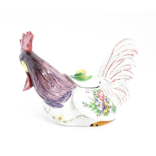 194 - An Italian pot and cover modelled as a cockerel / rooster with hand painted decoration and floral sp... 