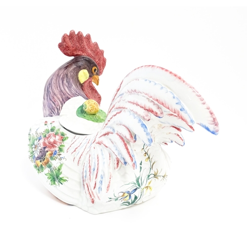 194 - An Italian pot and cover modelled as a cockerel / rooster with hand painted decoration and floral sp... 