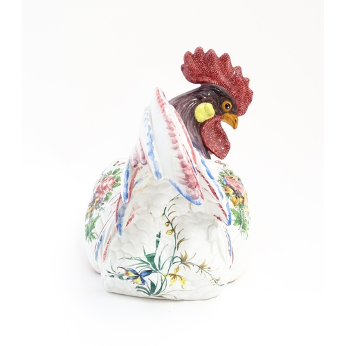 194 - An Italian pot and cover modelled as a cockerel / rooster with hand painted decoration and floral sp... 