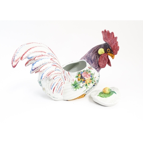 194 - An Italian pot and cover modelled as a cockerel / rooster with hand painted decoration and floral sp... 