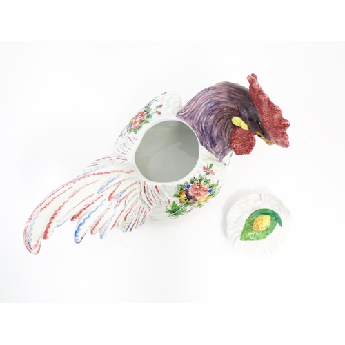 194 - An Italian pot and cover modelled as a cockerel / rooster with hand painted decoration and floral sp... 