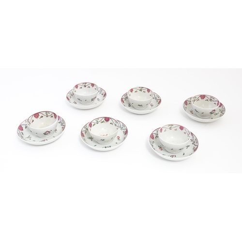 208 - Six New Hall style tea bowls and saucers decorated with flowers and swag detail. Saucers approx. 5 1... 