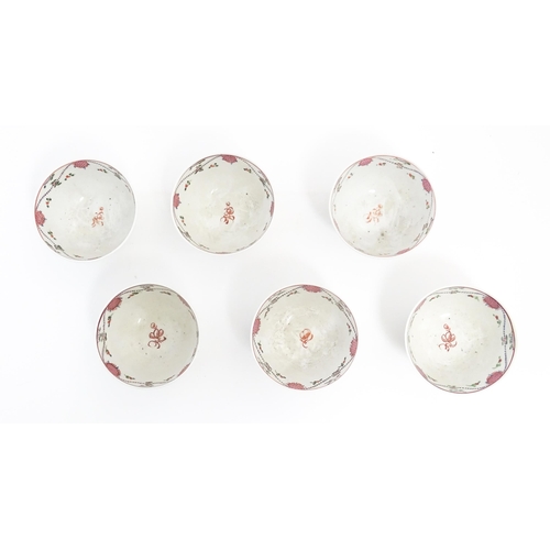 208 - Six New Hall style tea bowls and saucers decorated with flowers and swag detail. Saucers approx. 5 1... 