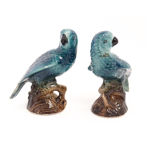 216 - A pair of ceramic models of parrots perched on a branch. Approx. 7 3/4