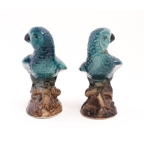 216 - A pair of ceramic models of parrots perched on a branch. Approx. 7 3/4