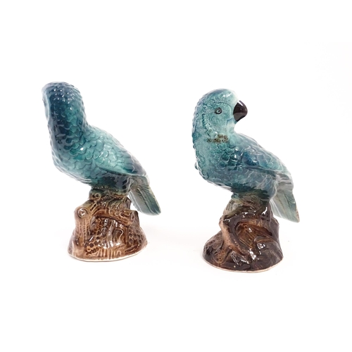 216 - A pair of ceramic models of parrots perched on a branch. Approx. 7 3/4