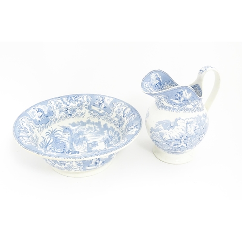 166 - A Victorian blue and white bowl and ewer decorated in the pattern Napoleon. Bowl approx. 4 1/2