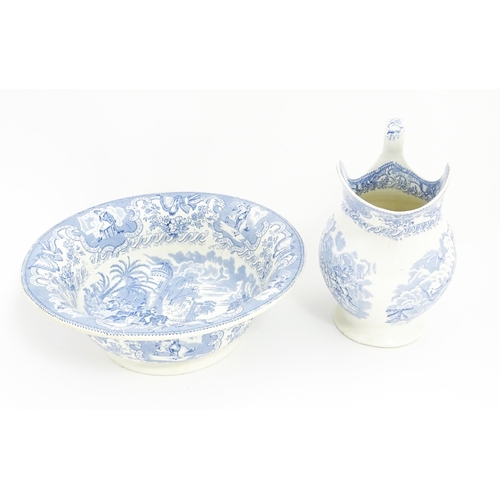 166 - A Victorian blue and white bowl and ewer decorated in the pattern Napoleon. Bowl approx. 4 1/2