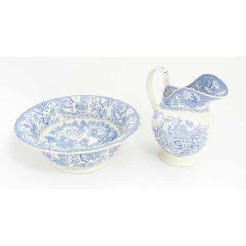 166 - A Victorian blue and white bowl and ewer decorated in the pattern Napoleon. Bowl approx. 4 1/2