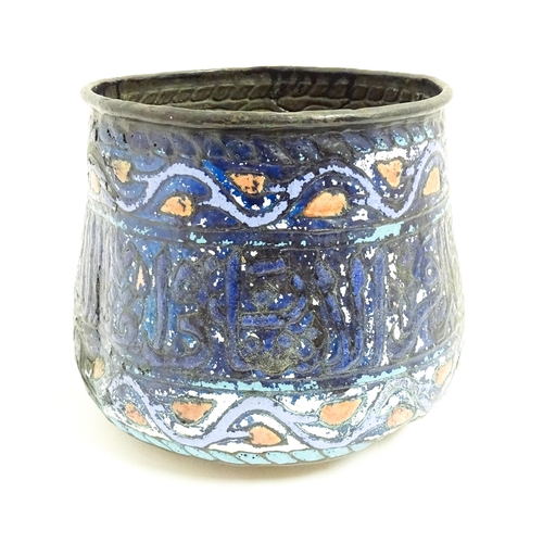 1083 - An Islamic copper planter with banded enamel decoration. Approx. 7 1/2