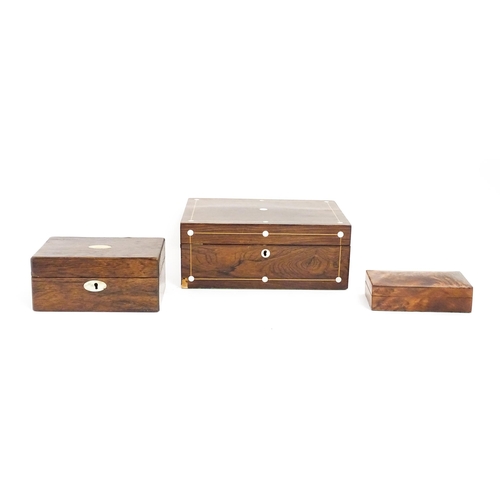 1090 - Three assorted late 19th / early 20thC boxes to include a rosewood work box with satinwood banding a... 