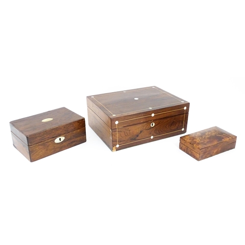 1090 - Three assorted late 19th / early 20thC boxes to include a rosewood work box with satinwood banding a... 