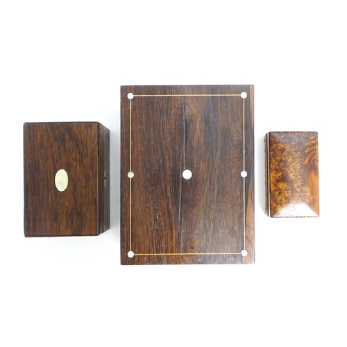 1090 - Three assorted late 19th / early 20thC boxes to include a rosewood work box with satinwood banding a... 