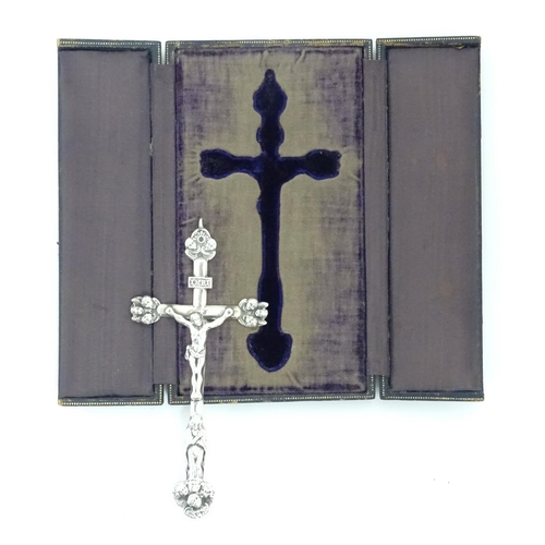 1091 - A 19thC white metal crucifix / pendant depicting Christ / Corpus Christi in relief above the Virgin ... 