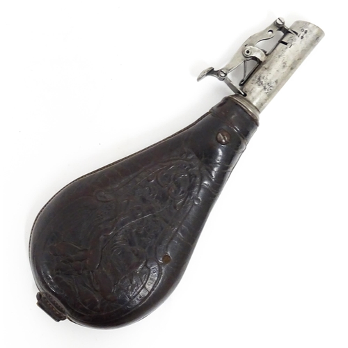 1110 - A late 19thC shot flask, the steel spout with measures for 1 and 1 1/4oz shot, the leather pouch wit... 