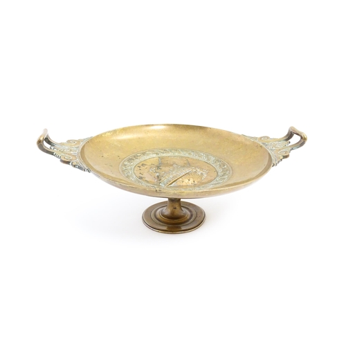 1044 - A 19thC French bronze twin handled tazza depicting a relief profile portrait of Juno titled JVNON, t... 