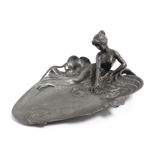 1050 - A WMF Art Nouveau figural pewter dish modelled as a maiden beside a pond with lily pads. Marked unde... 