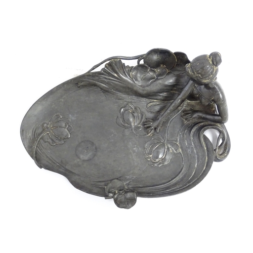 1050 - A WMF Art Nouveau figural pewter dish modelled as a maiden beside a pond with lily pads. Marked unde... 