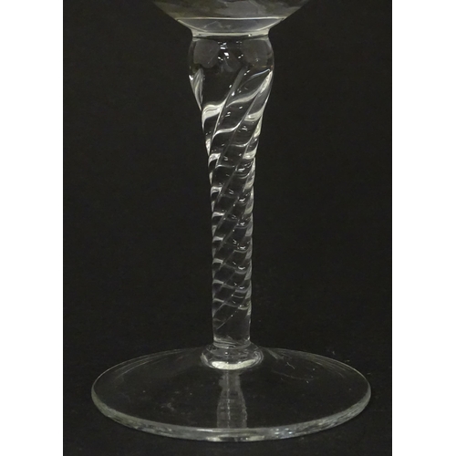 252 - A 20thC glass decanter with etched fruiting detail. Together with six matching drinking glasses. Dec... 