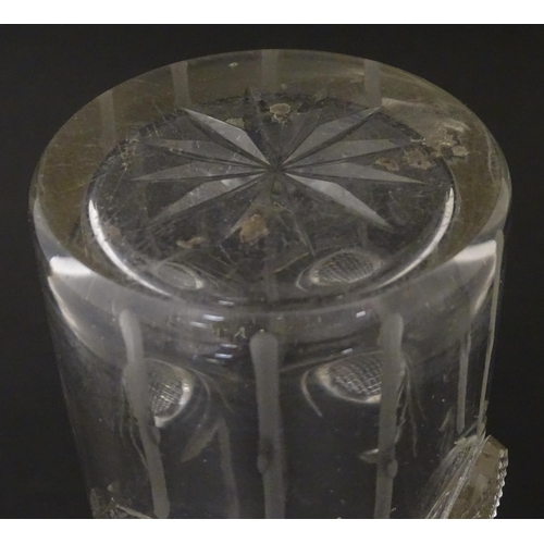 253 - A glass vase of cylindrical form with stylised with stylised thistle detail, with silver rim hallmar... 