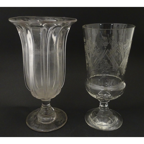 254 - Two Victorian pedestal glass vases / celery vases, one with flared rim, the other with etched decora... 