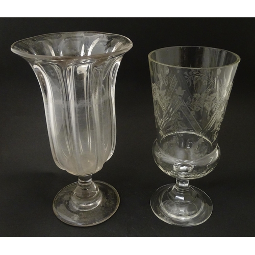 254 - Two Victorian pedestal glass vases / celery vases, one with flared rim, the other with etched decora... 