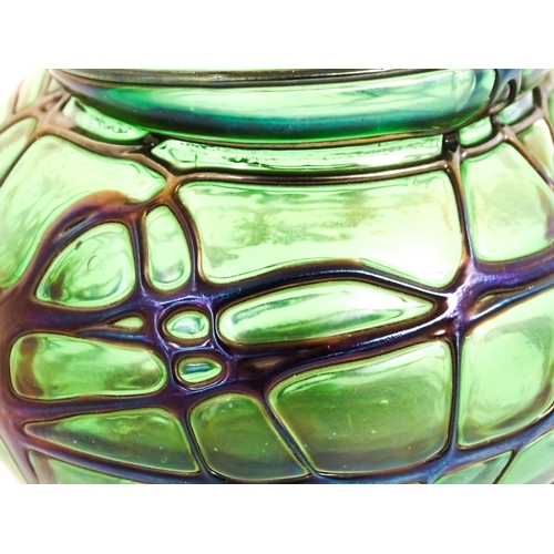 258 - An Art Nouveau green art glass vase with blue iridescent trail detail with silver rim, hallmarked Bi... 