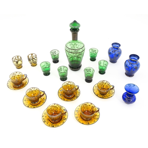 285 - A quantity of assorted Venetian glassware to include a green glass decanter and stopper with silver ... 