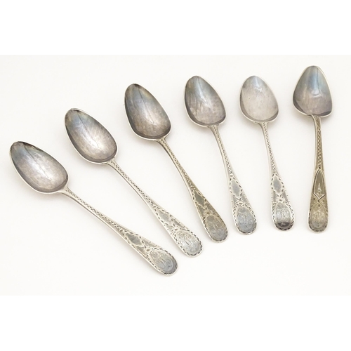 505 - Five Geo III silver teaspoons with bright cut decoration, hallmarked London 1790, maker WC. Together... 