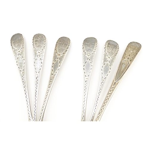 505 - Five Geo III silver teaspoons with bright cut decoration, hallmarked London 1790, maker WC. Together... 