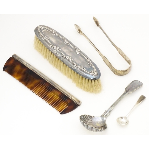 533 - Assorted items to include Geo III silver Fiddle pattern sugar tongs, silver backed brush hallmarked ... 