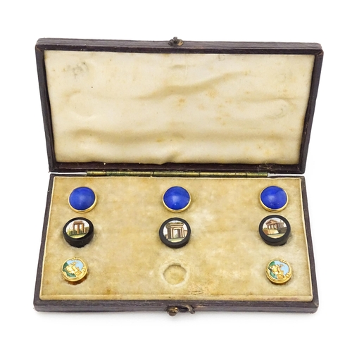 745 - Various 19thC studs to include three Grand Tour examples set with micro mosaic depicting classical b... 