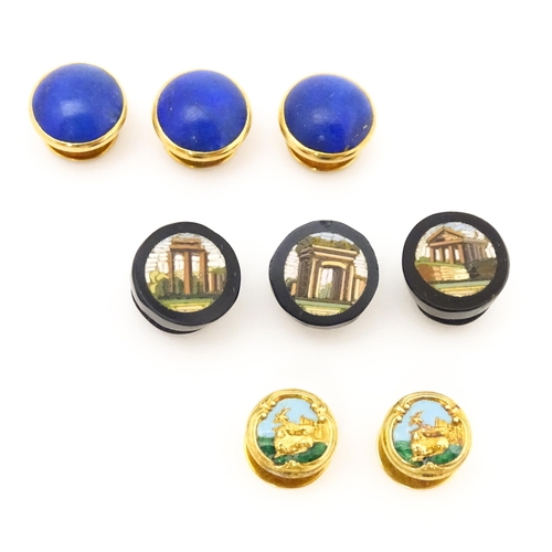 745 - Various 19thC studs to include three Grand Tour examples set with micro mosaic depicting classical b... 