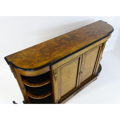 1553 - A 19thC burr walnut credenza, with an ebonised finish to the top edge and to the stepped base. The b... 