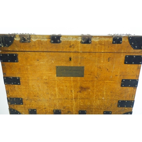 1554 - A 19thC steel bound oak campaign silver chest with engraved plaque 'Captain R. R. W. Jackson, Royal ... 