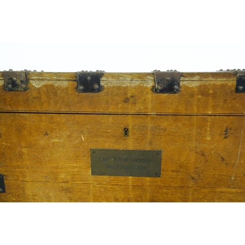 1554 - A 19thC steel bound oak campaign silver chest with engraved plaque 'Captain R. R. W. Jackson, Royal ... 