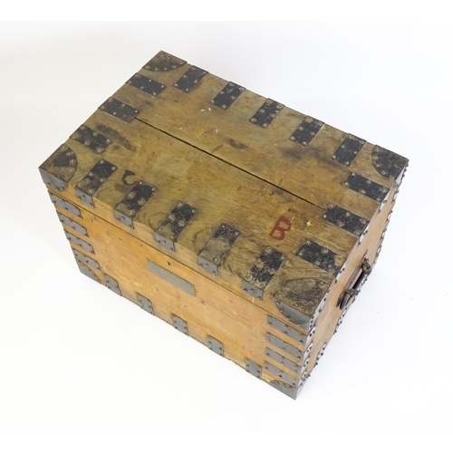 1555 - A 19thC steel bound oak campaign silver chest with engraved plaque 'Captain R. R. W. Jackson, Royal ... 