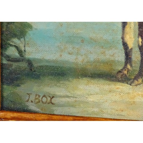 1676 - J. Box, 20th century, Oil on canvas laid on board, A portrait of a prize cow in a landscape. Signed ... 