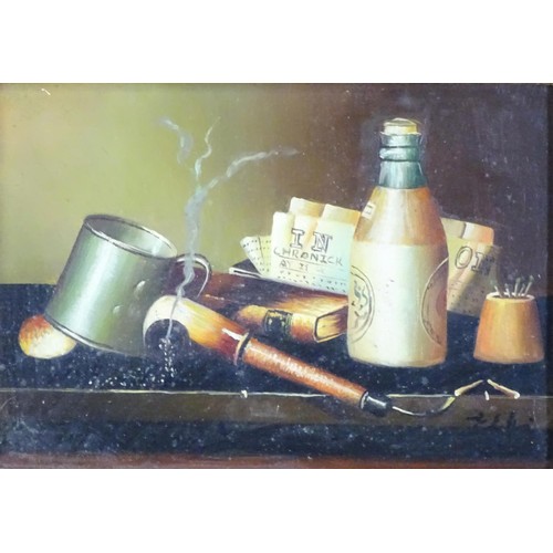 1677 - Late 20th century, Continental School, A still life study of a pipe, vesta, matches, beer bottle, ta... 