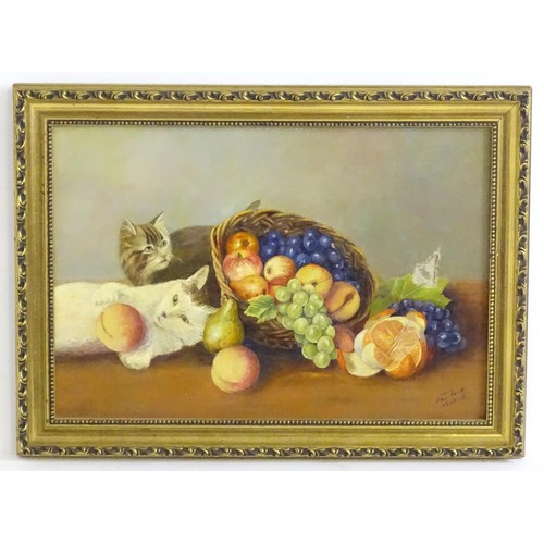 1679 - 20th century, Continental School, Oil on canvas, A still life study with two kittens and a basket of... 