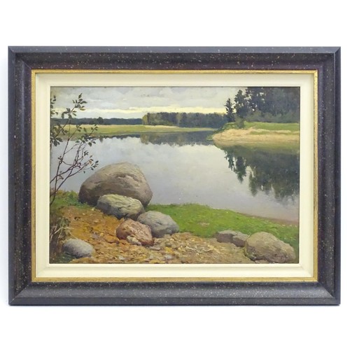 1681 - 20th century, Russian School, Oil on board, A river landscape with boulders. Indistinctly signed low... 