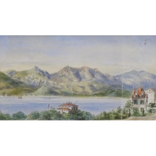 1820 - 19th century, Topographical School, Watercolour, A view of a lake with buildings on the shore, and m... 