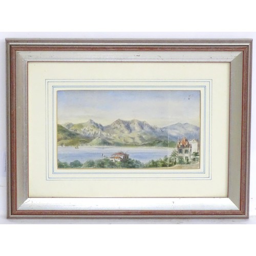 1820 - 19th century, Topographical School, Watercolour, A view of a lake with buildings on the shore, and m... 