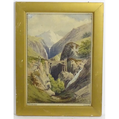 1832 - F. W. Woledge, 19th century, Watercolour, A view of the Indian Himalayas with figures crossing a woo... 