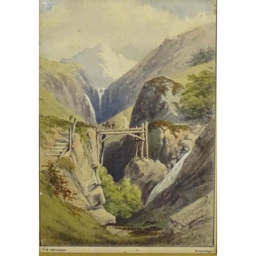 1832 - F. W. Woledge, 19th century, Watercolour, A view of the Indian Himalayas with figures crossing a woo... 