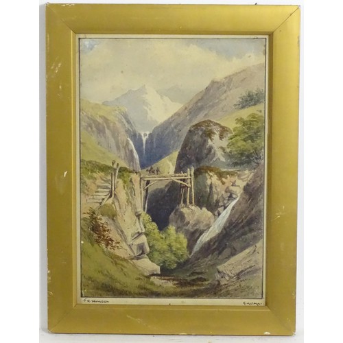 1832 - F. W. Woledge, 19th century, Watercolour, A view of the Indian Himalayas with figures crossing a woo... 