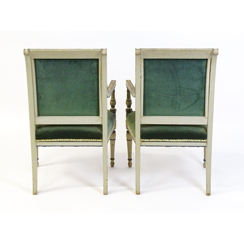 1454 - A pair of mid / late 19thC open armchairs, with painted neo classical motifs, shell decoration and r... 