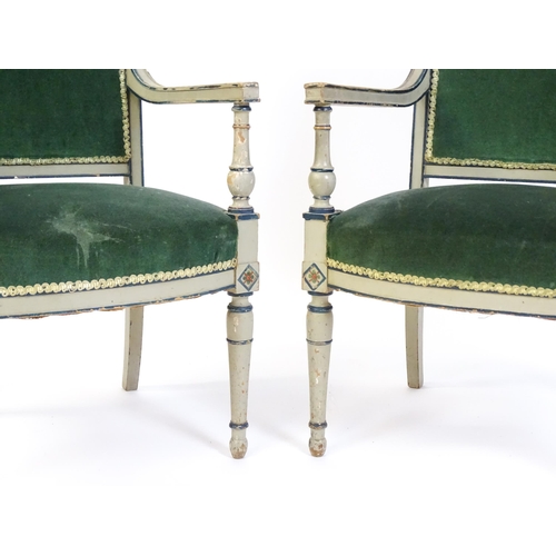 1454 - A pair of mid / late 19thC open armchairs, with painted neo classical motifs, shell decoration and r... 