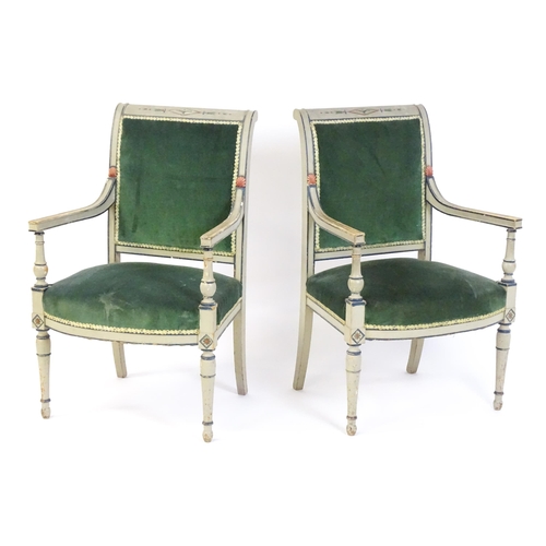 1454 - A pair of mid / late 19thC open armchairs, with painted neo classical motifs, shell decoration and r... 