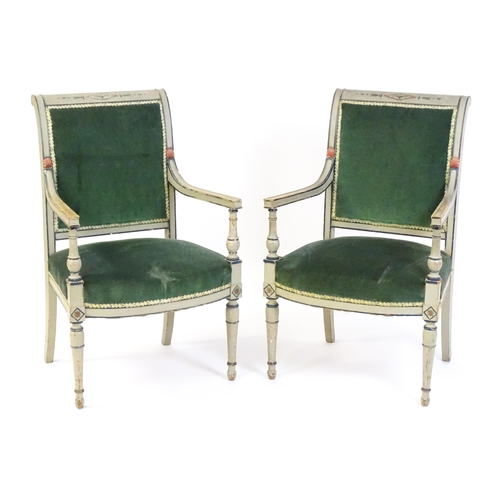 1454 - A pair of mid / late 19thC open armchairs, with painted neo classical motifs, shell decoration and r... 